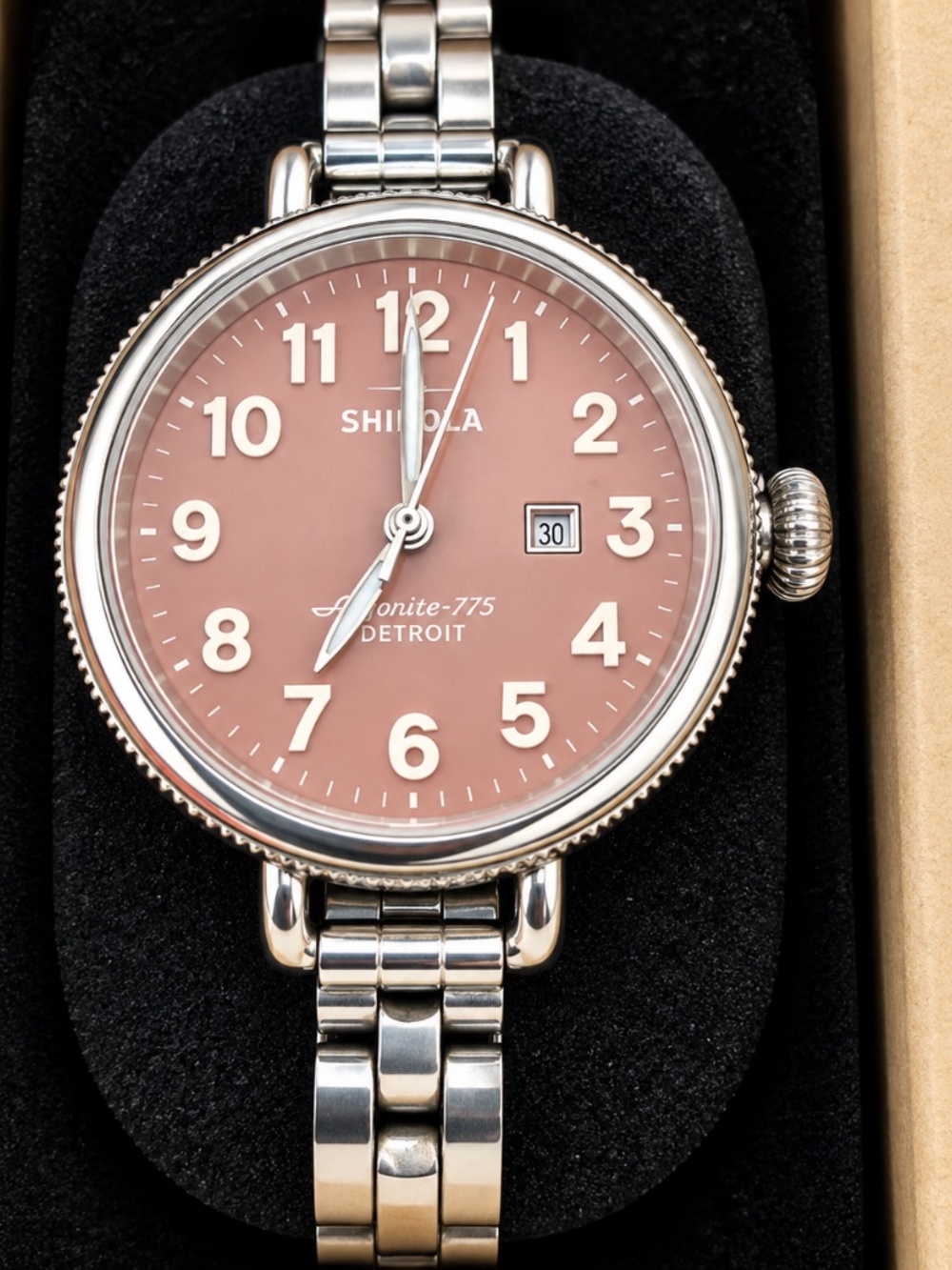 Shinola The Birdy 34mm Pink Dial Stainless Watch Box Extra Strap